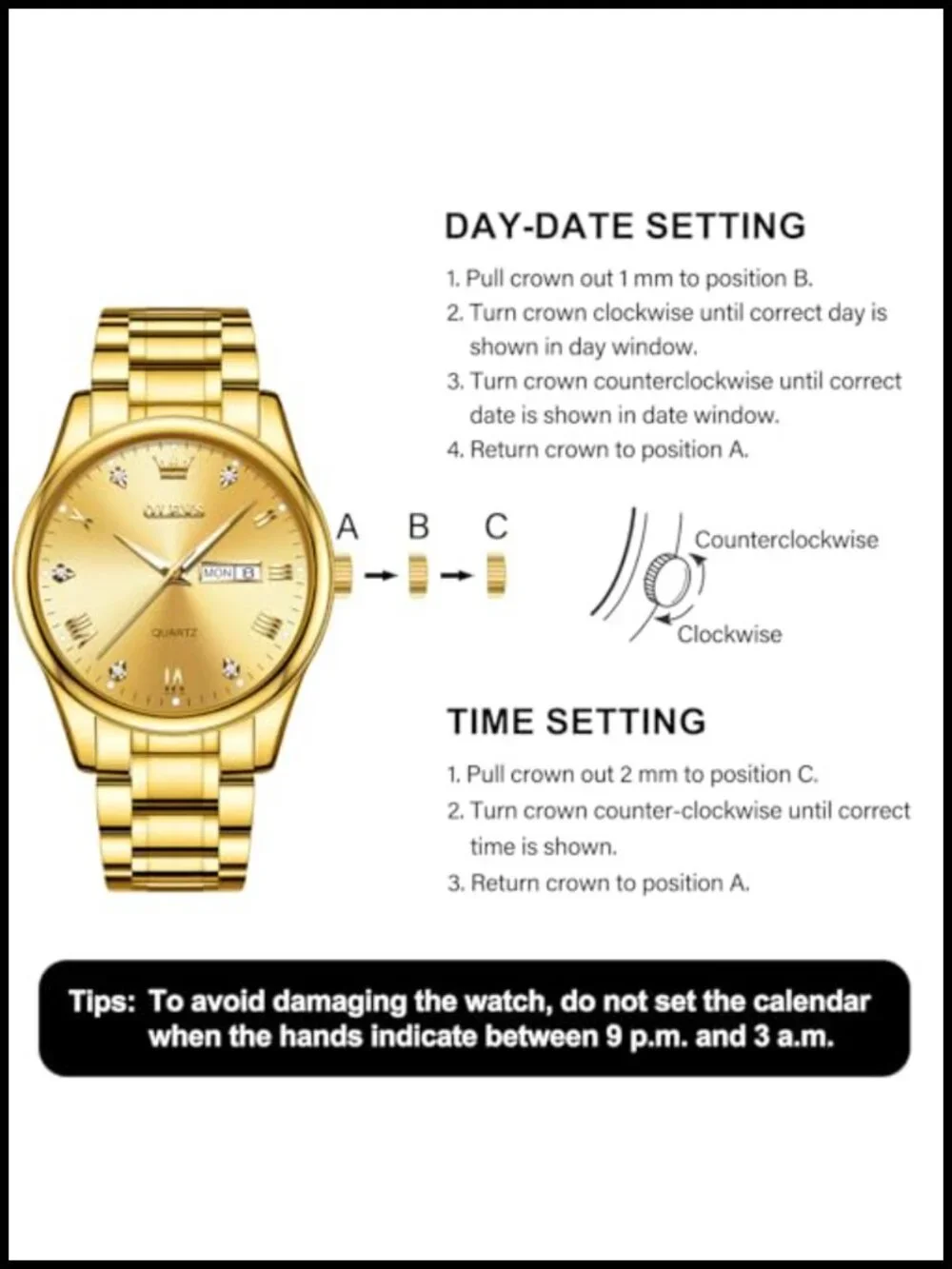 Men's Luxury Stainless Steel Dress Watch Big Face Analog Day-Date Gift